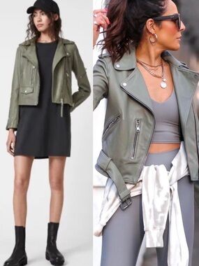 AllSaints Darnley Leather Biker Jacket Sage Green